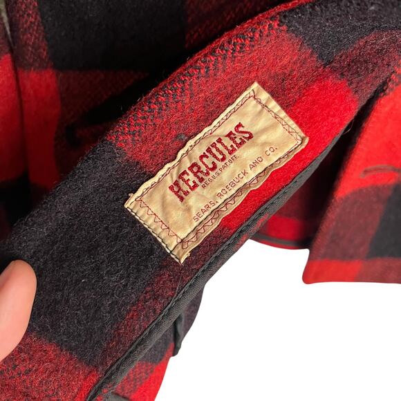 Vintage 50's Sears Roebucks Hercules Red Buffalo Plaid Wool Flannel Shirt Large - Picture 4 of 10